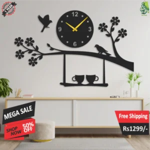 Birds On Tree With Cups Wooden Wall Clock