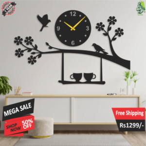 Wooden Wall Clock Luxury Birds on Tree with Cups